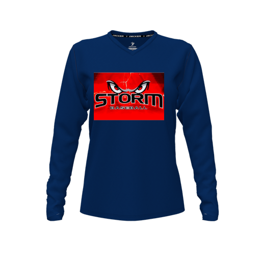 [CUS-DFW-TEES-CMF-VNK-LSL-NVY-FYXS-LOGO3] Decker Comfort T-Shirt (Female Youth XS, Navy, V Neck, Logo 3, Long Sleeve)