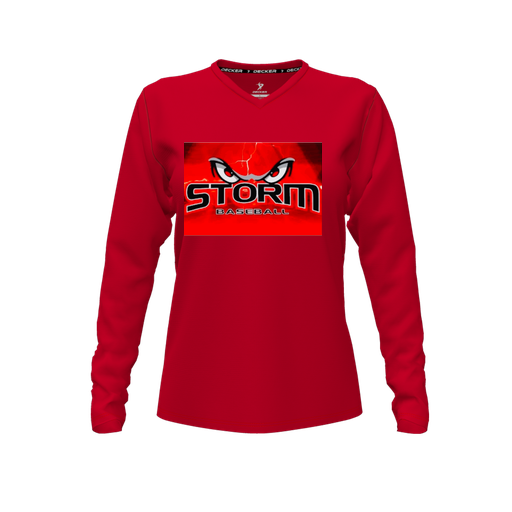 [CUS-DFW-TEES-CMF-VNK-LSL-RED-FYXS-LOGO3] Decker Comfort T-Shirt (Female Youth XS, Red, V Neck, Logo 3, Long Sleeve)