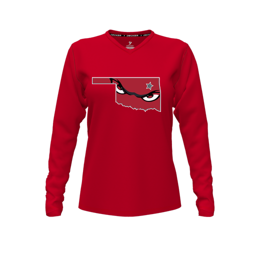 [CUS-DFW-TEES-CMF-VNK-LSL-RED-FYXS-LOGO2] Decker Comfort T-Shirt (Female Youth XS, Red, V Neck, Logo 2, Long Sleeve)