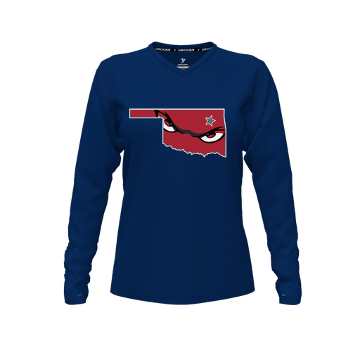 [CUS-DFW-TEES-PER-VNK-LSL-NVY-FYXS-LOGO2] Decker Performance T-Shirt (Female Youth XS, Navy, V Neck, Logo 2, Long Sleeve)