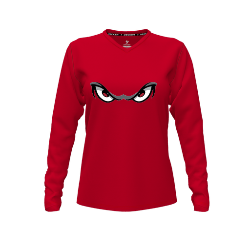 [CUS-DFW-TEES-PER-VNK-LSL-RED-FYXS-LOGO1] Decker Performance T-Shirt (Female Youth XS, Red, V Neck, Logo 1, Long Sleeve)